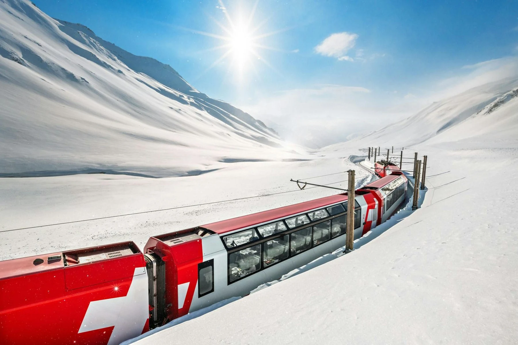 红色列车驶过白雪覆盖的山地